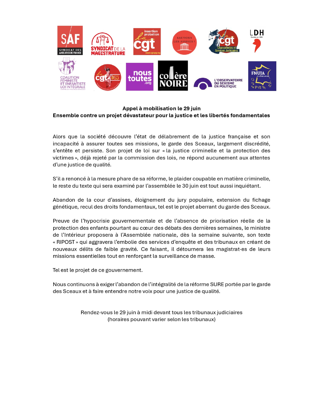 Appel à mobilisation le 29 juin : Ensemble contre un projet dévastateur pour la justice et les libertés fondamentales