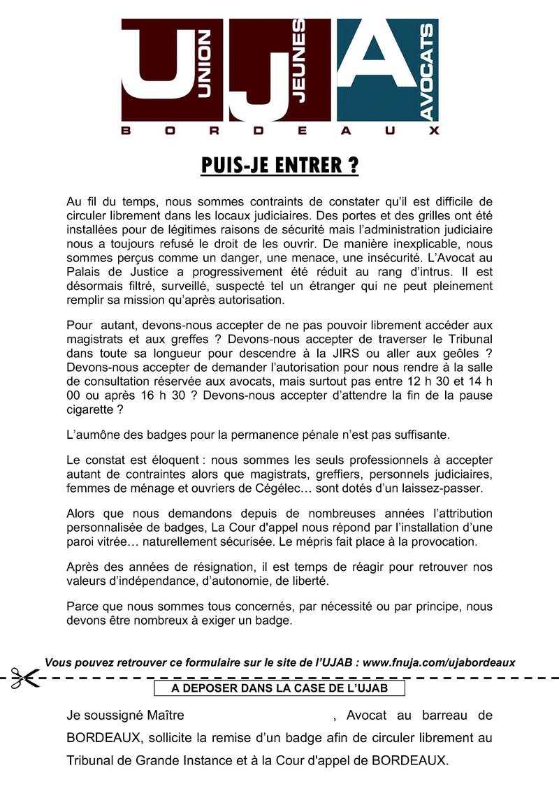 Pétition pour l'attribution de badges d'accès au Palais